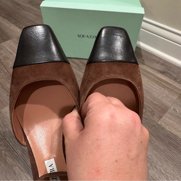 Aquazzura French Flirt Pump 35mm Espresso Suede Black Leather Cap Toe - Picture 9 of 16